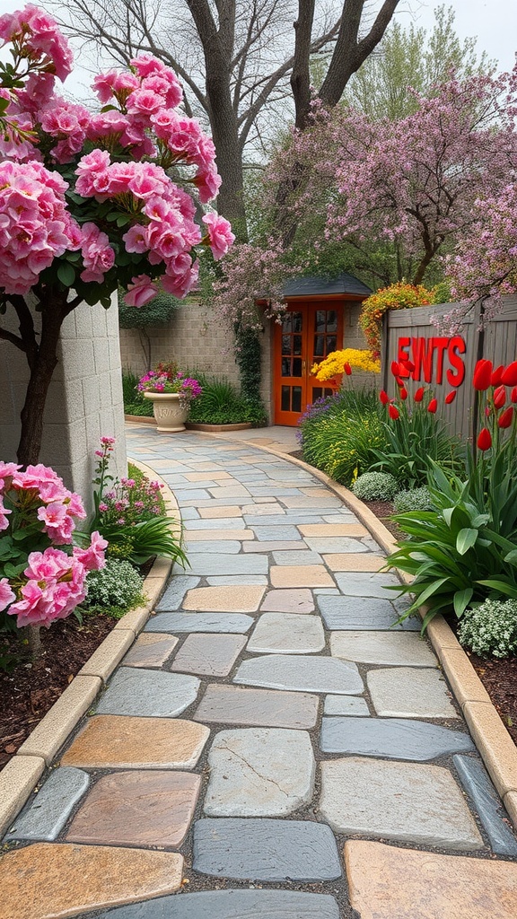 A rustic stone epoxy pathway lined with vibrant flowers and greenery.