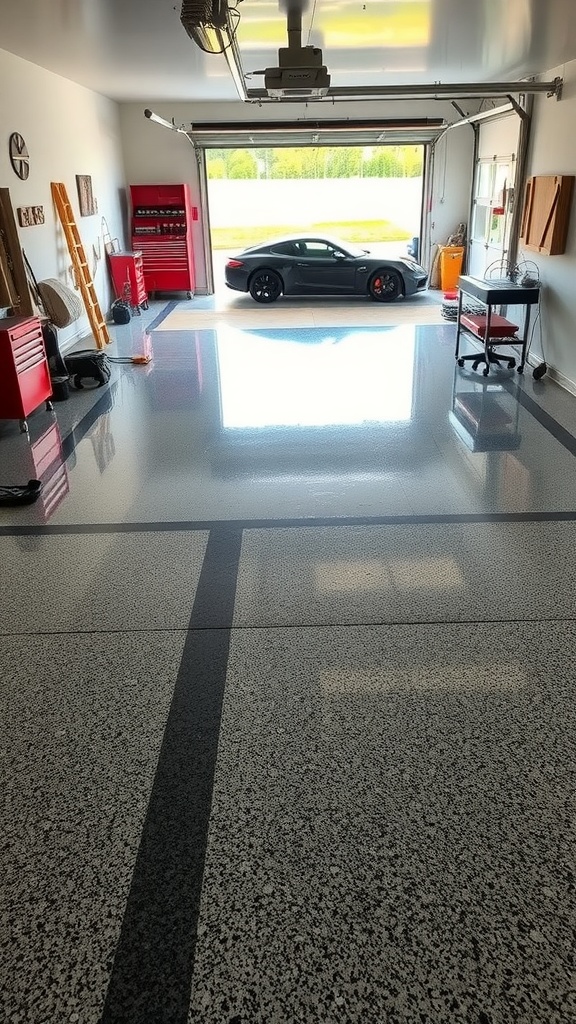 A garage with a rustic stone finish epoxy floor, featuring a car parked inside, showcasing a unique texture and color pattern.