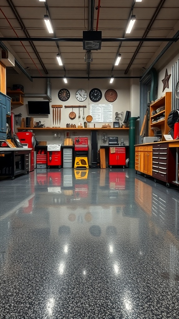 A stylish garage workshop featuring vintage decor and an epoxy floor.