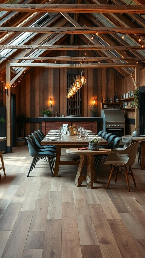 A dining area with rustic wood-look epoxy flooring, wooden beams, and warm lighting.