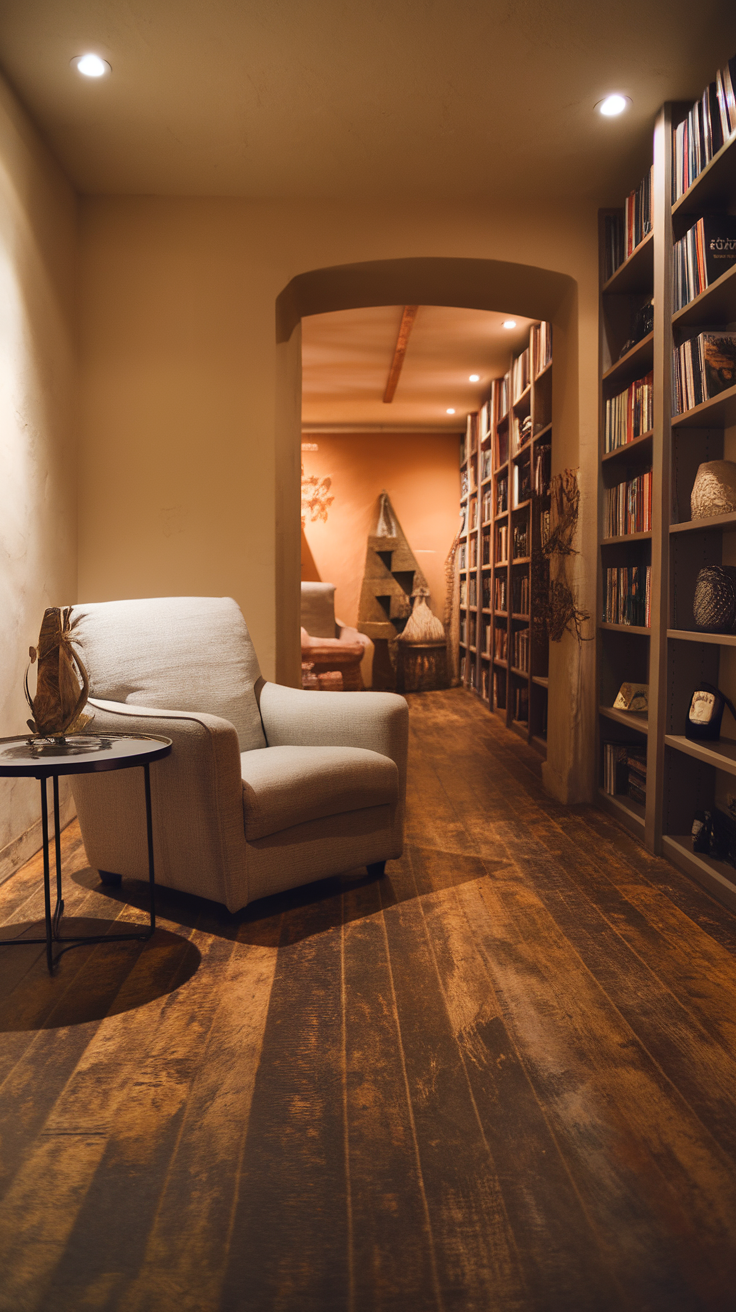 Cozy interior with rustic wood-look epoxy flooring and a comfy armchair