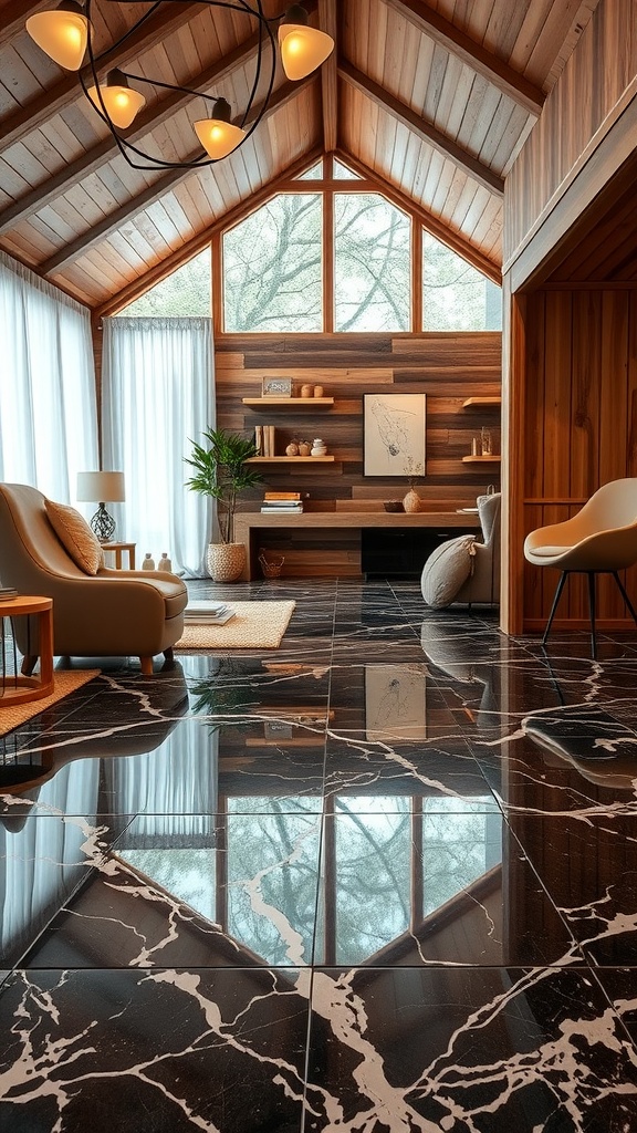 A cozy living space with rustic wood-look epoxy flooring.