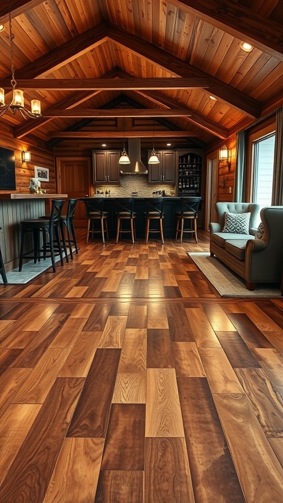 Rustic wood-look epoxy flooring in a cozy room with wooden beams and a kitchen area.