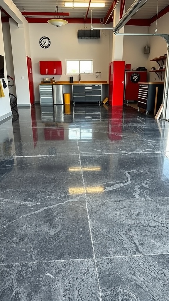A modern garage with a marbled concrete floor that mimics the look of wood.
