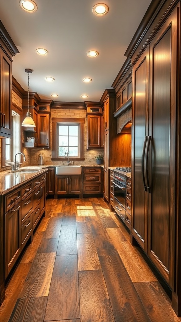 Interior space featuring rustic wood-look epoxy flooring with a sleek car and wooden cabinets.