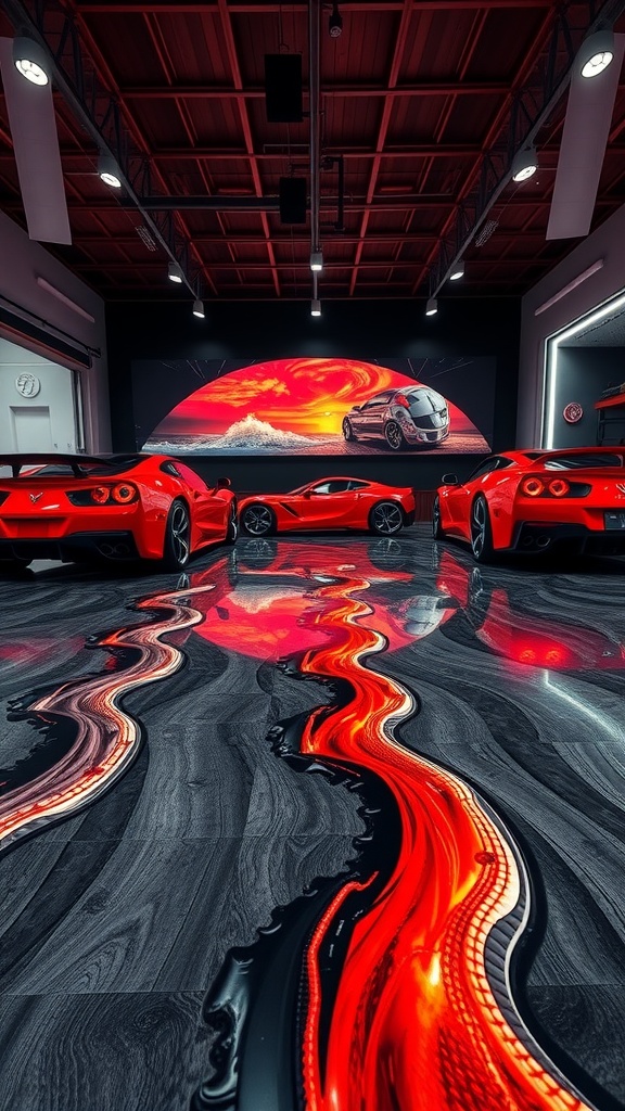 Garage with rustic wood-look epoxy floor featuring sleek red cars