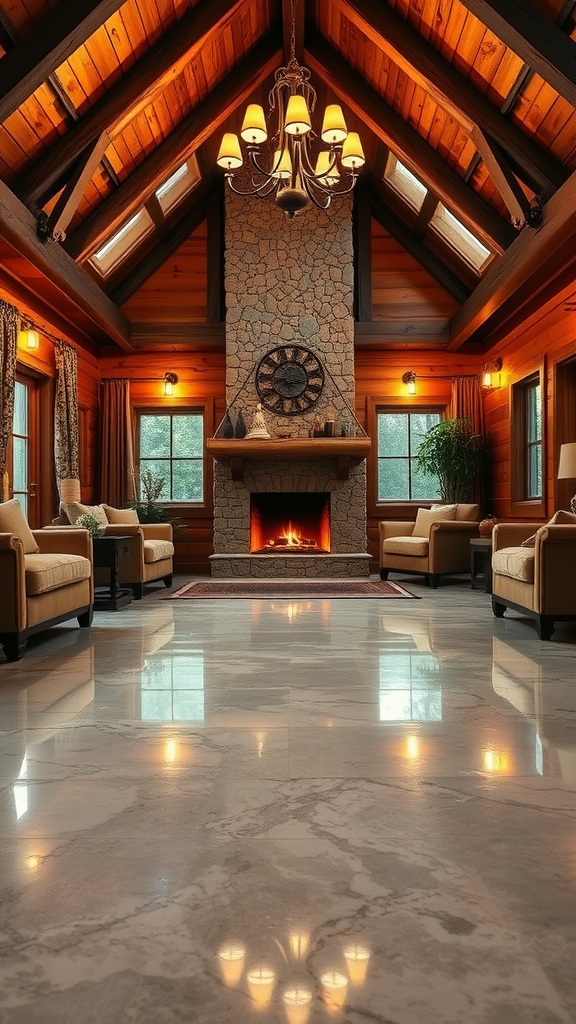 Interior view of a space featuring rustic wood-look epoxy flooring, showcasing a warm and inviting atmosphere.