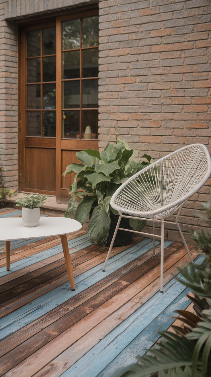 A patio with a rustic wood-look epoxy finish featuring a white table and a chair surrounded by plants.