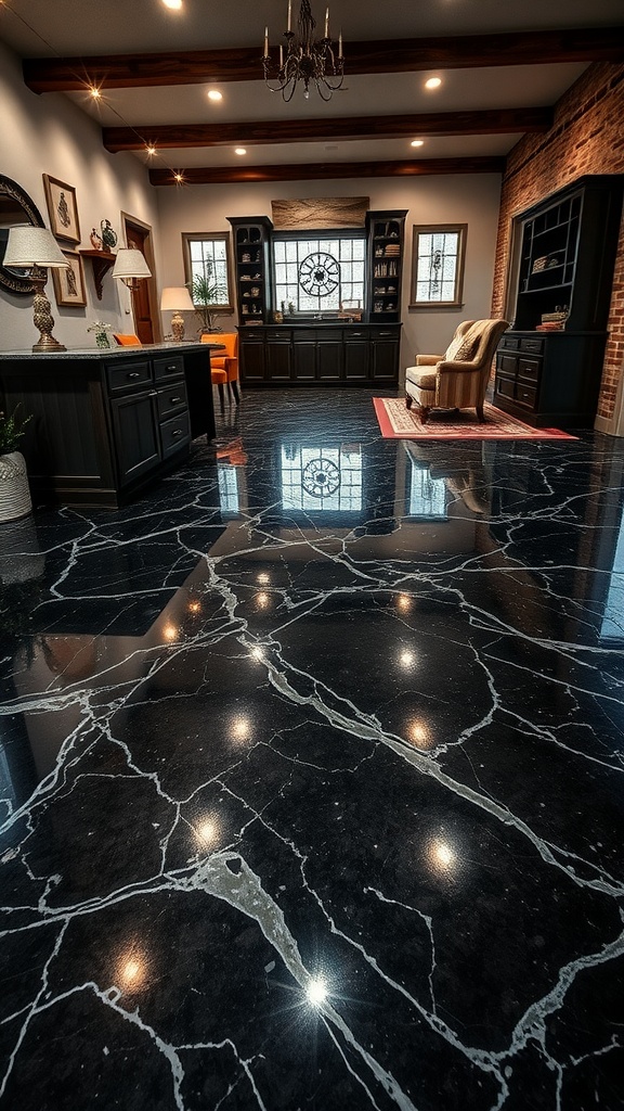 Luxurious black marble epoxy floor in a modern interior setting