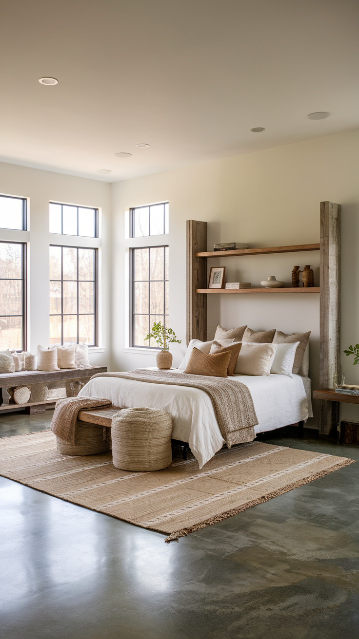 Cozy bedroom with rustic decor and polished concrete floors
