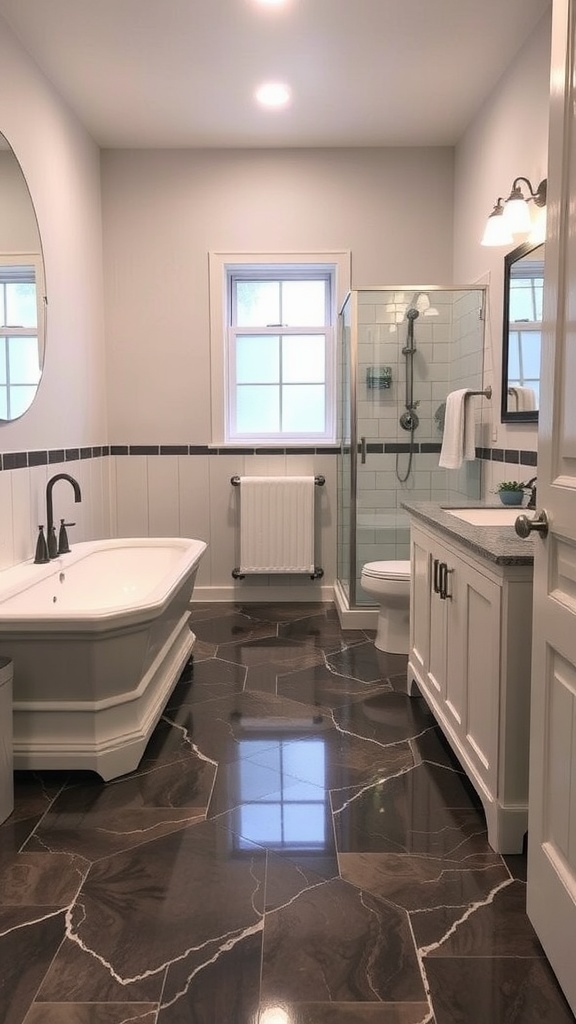 A rustic bathroom featuring wood-look epoxy flooring with a freestanding tub and log cabin walls.