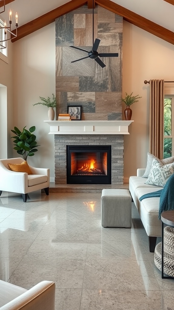 A bright, modern living space featuring rustic wood-look epoxy floors, white cabinetry, and wooden beams.