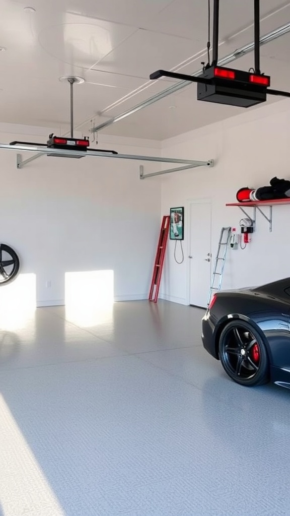 Stylish garage featuring a combination of black epoxy flooring and wood-look planks.