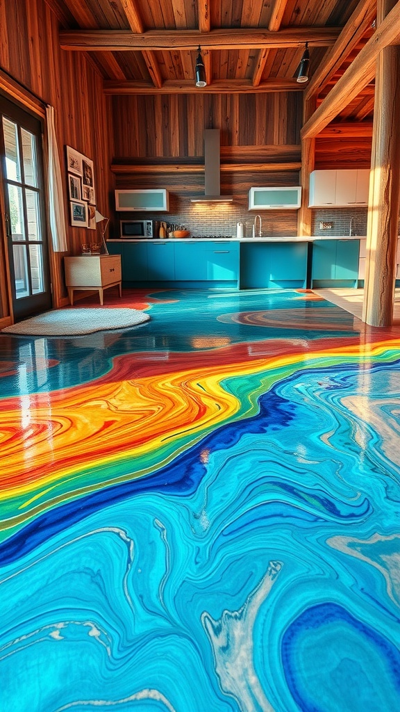 A colorful epoxy floor design in a rustic kitchen with wooden walls and modern cabinetry.
