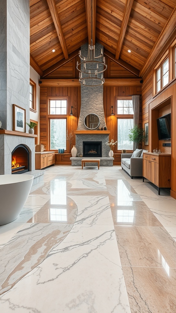 A cozy living room featuring rustic wood accents and a sleek resin floor.