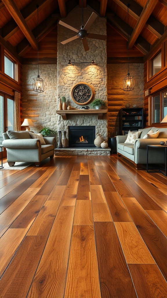 Living room with rustic wood effect epoxy flooring, featuring polished concrete design.