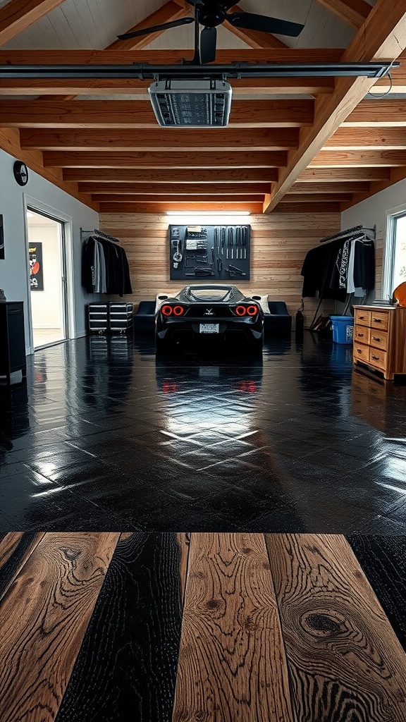 A modern garage with rustic wood effect epoxy floor and a sleek black car.