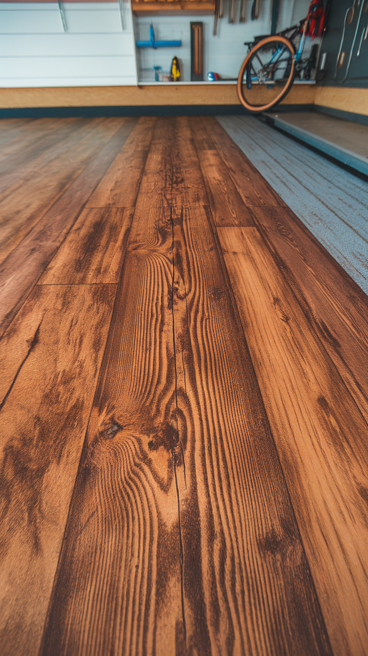 Close-up of rustic wood finish flooring in a garage setting.