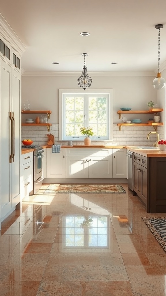 A modern kitchen with a rustic wood finish epoxy floor, showcasing a blend of warm tones and sleek cabinetry.