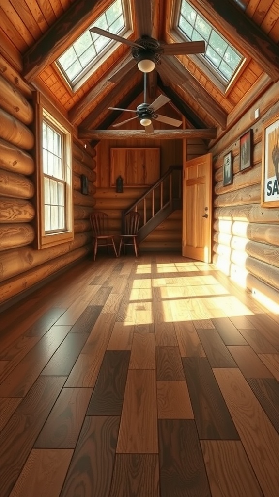 A cozy cabin interior featuring rustic wood grain epoxy flooring with wooden beams and natural light.