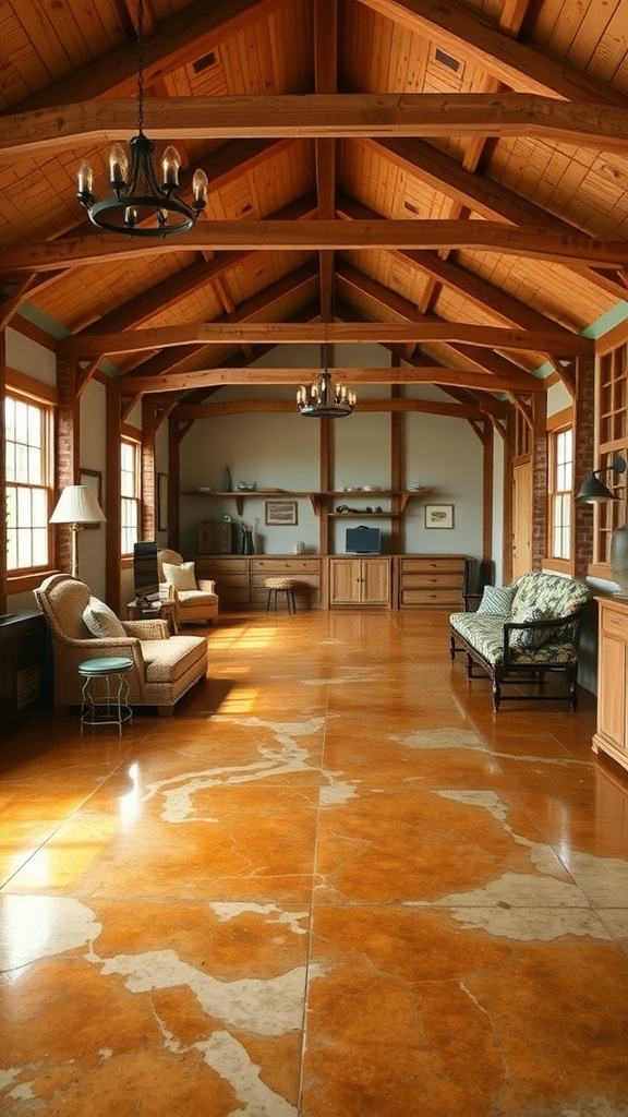 A modern garage with rustic wood grain epoxy flooring, featuring bright lighting and a spacious layout.