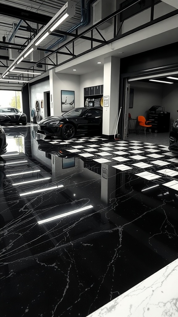 A modern garage with a shiny black and white epoxy floor, showcasing sleek vehicles and stylish decor.