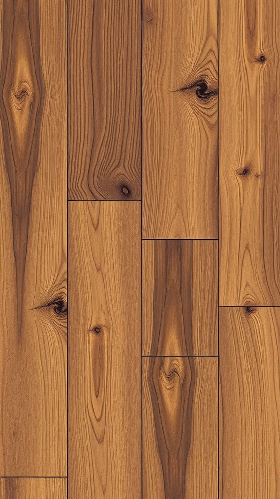 An interior view showcasing a rustic wood grain epoxy floor with warm tones and natural wood accents