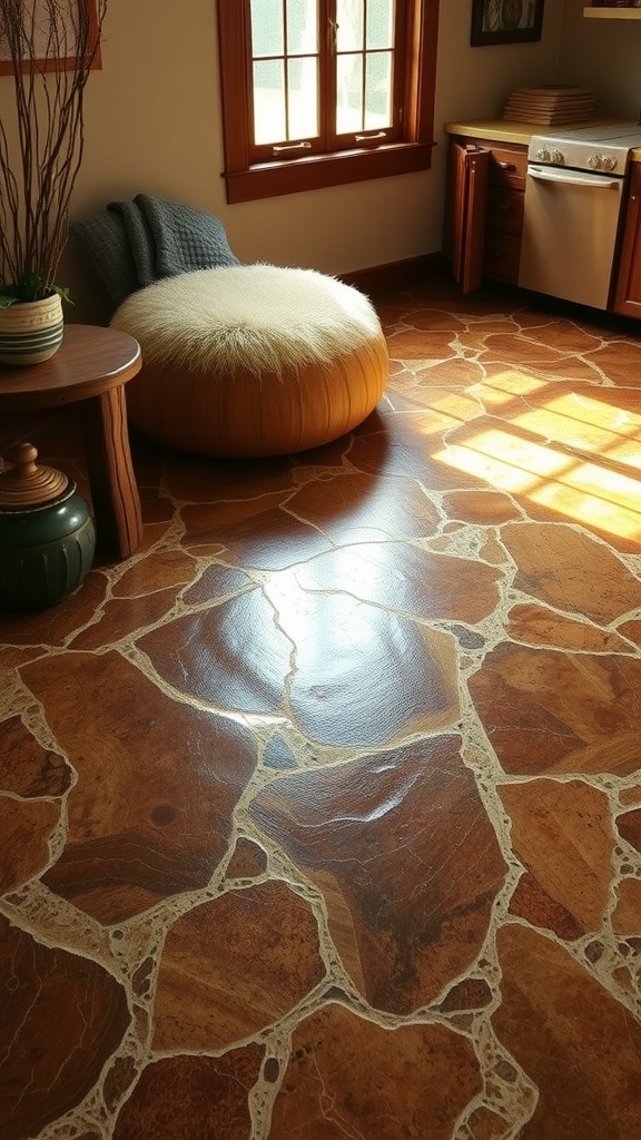 An interior space featuring a rustic wood grain epoxy floor that mimics natural wood patterns