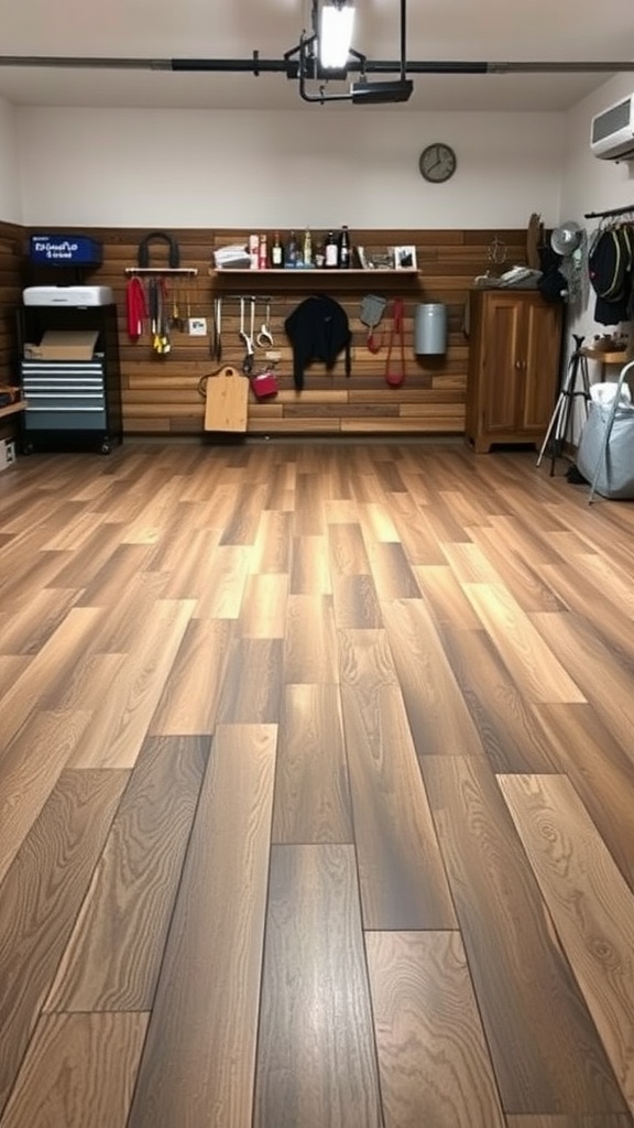 Garage floor designed to resemble rustic wooden planks with storage and tools in the background.