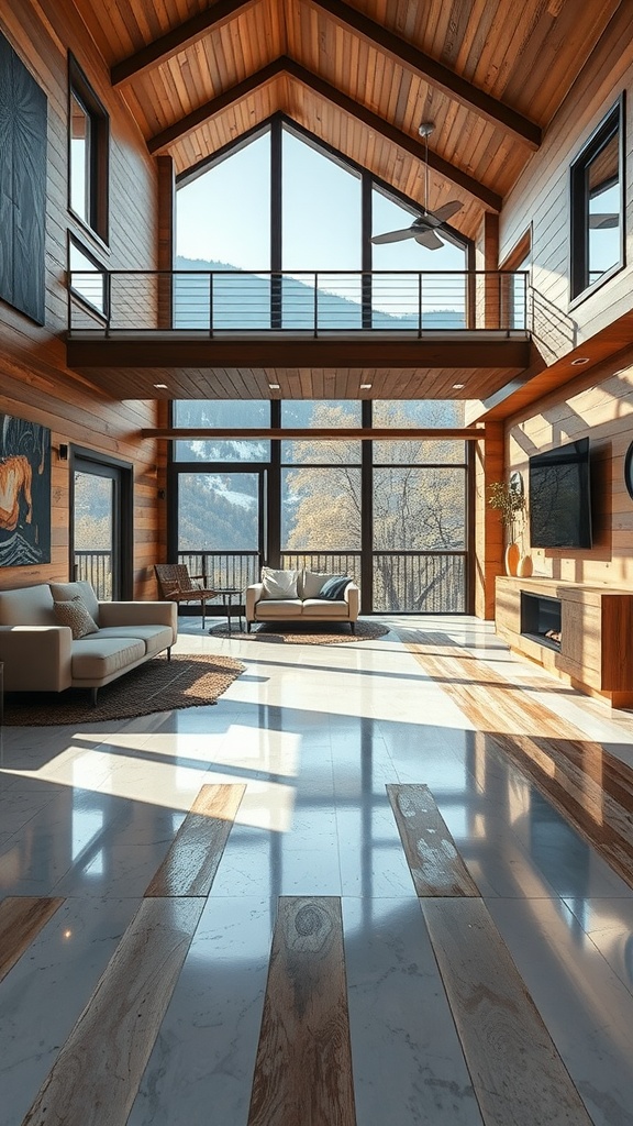 A bright and airy living room with rustic wood look epoxy flooring, large windows, and wood accents.