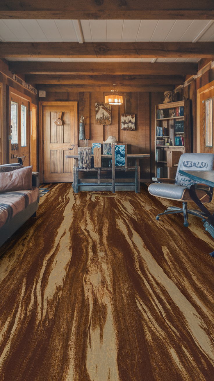 Living room with rustic wood look epoxy flooring, featuring a cozy design and warm colors.