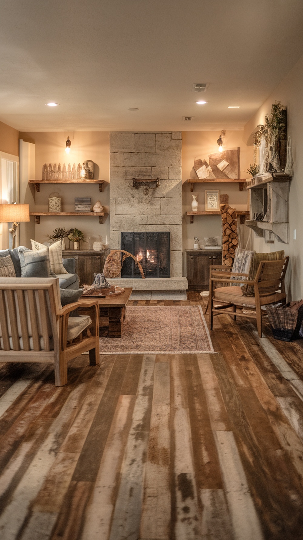 Cozy living room with rustic wood look epoxy flooring and a stone fireplace.