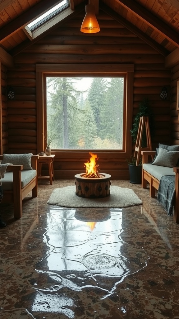 A rustic living room featuring polished epoxy flooring that resembles wood, with cozy lighting and a fireplace.