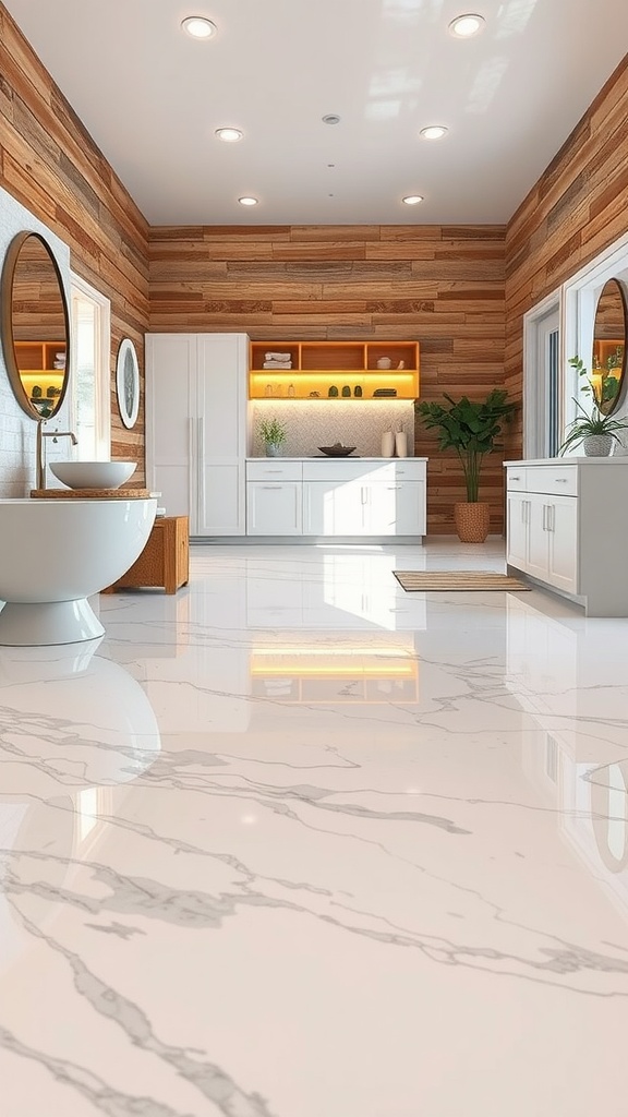 A modern bathroom featuring rustic wood panels and a glossy marble epoxy floor.