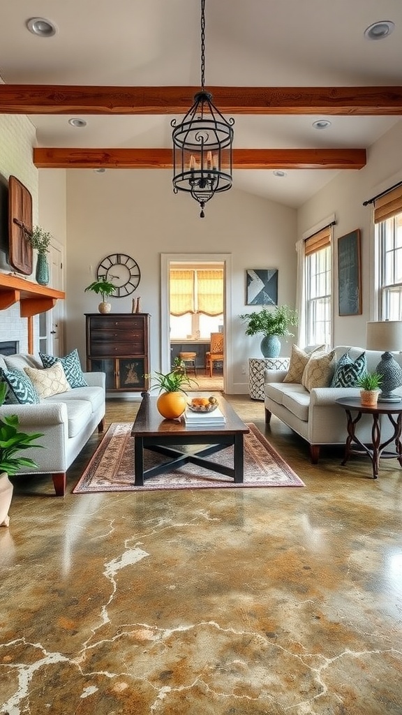 A beautifully designed rustic wood look epoxy floor in a modern kitchen setting