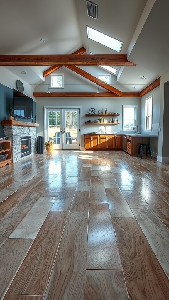 Interior space with rustic wood look epoxy flooring and modern decor