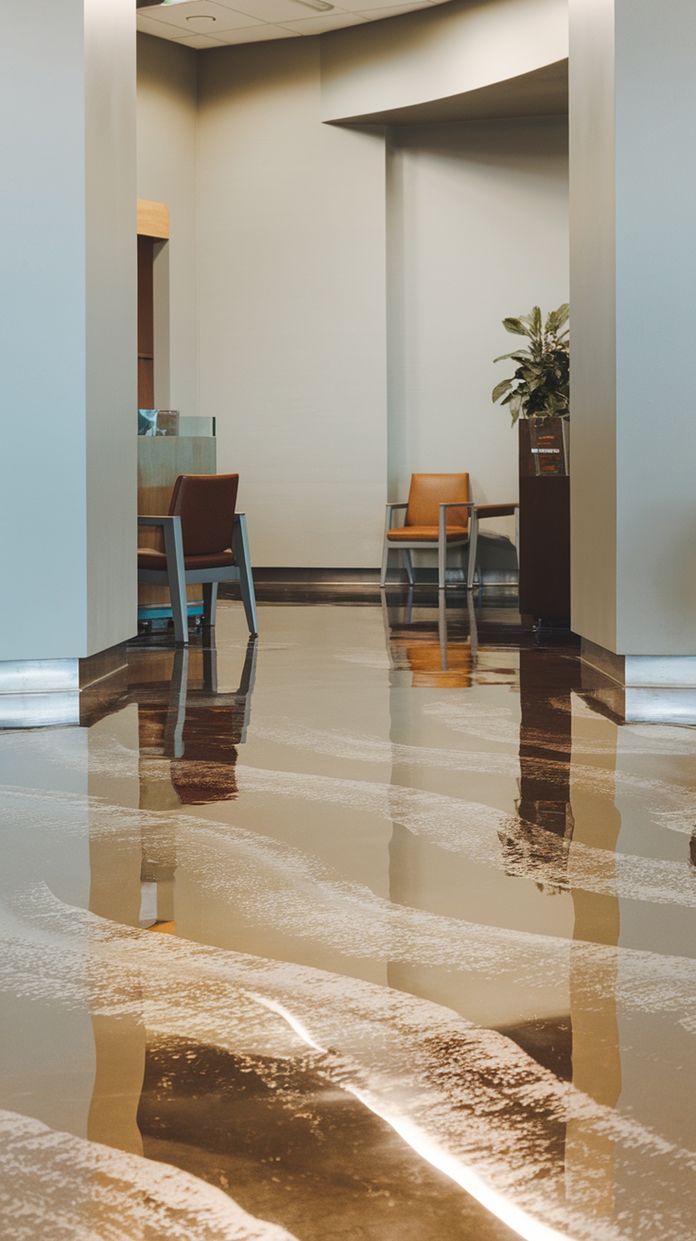 A beautifully designed rustic wood look epoxy floor in a modern interior setting.