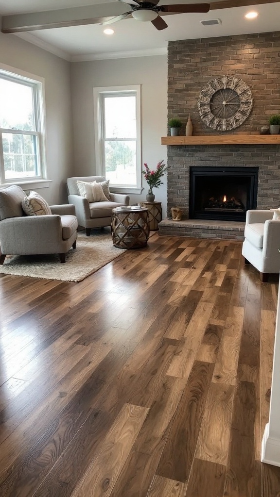 Living room with rustic wood look epoxy floors, comfortable seating, and a cozy fireplace.