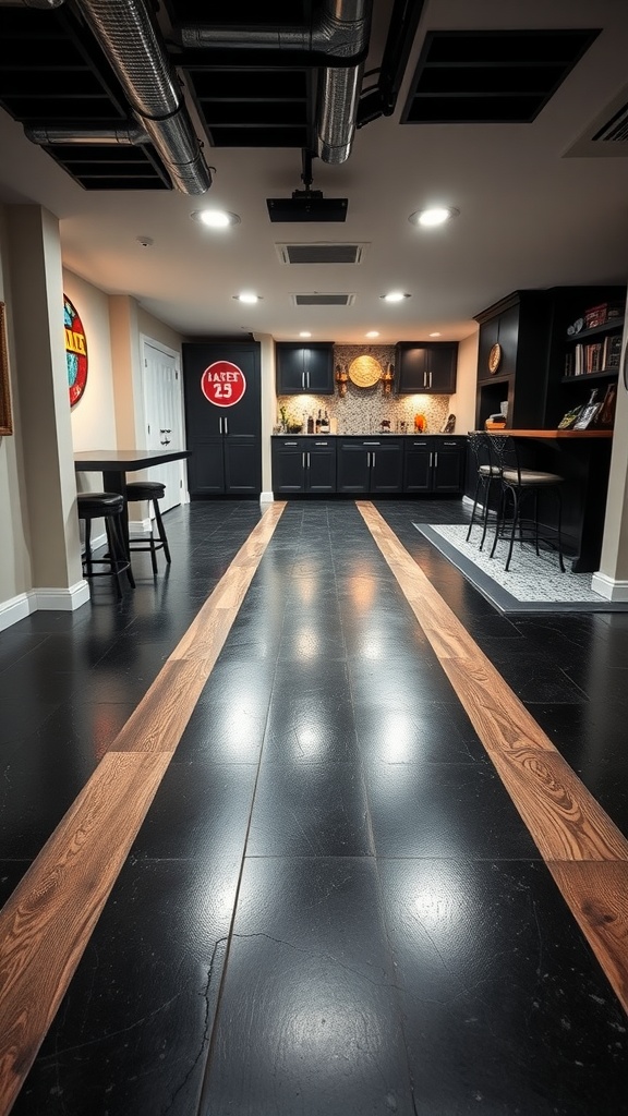 A basement featuring a black epoxy floor with wooden planks, showcasing a stylish and rustic interior design.