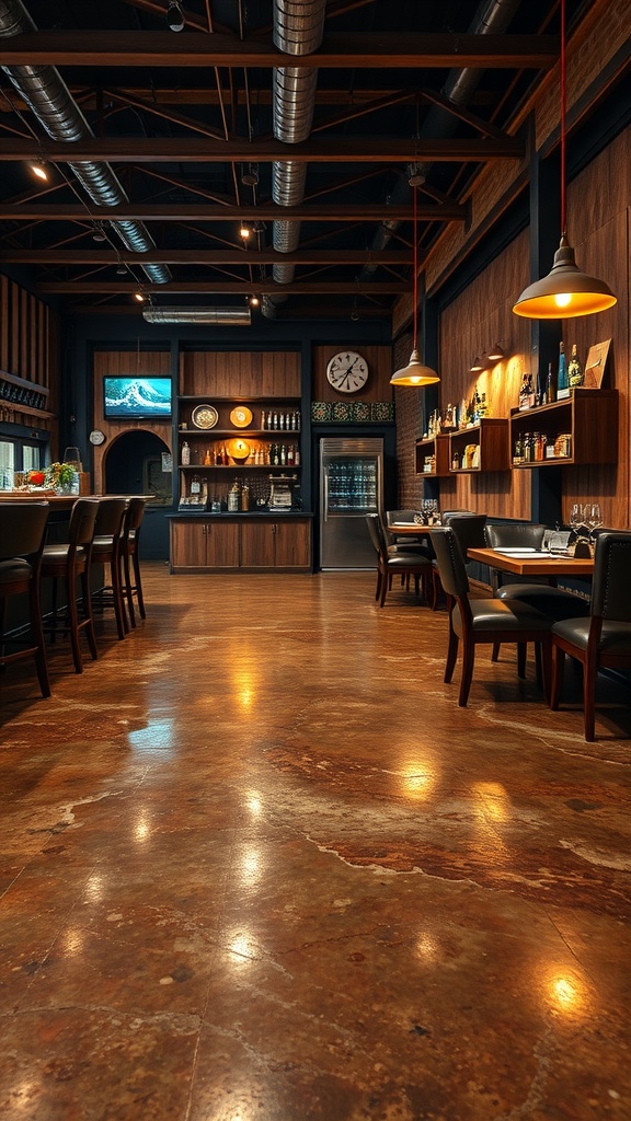 Interior of a rustic bar with warm-toned epoxy flooring and wooden accents.