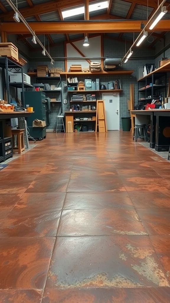 A spacious workshop featuring a rusty metal look epoxy floor with warm earthy tones, complemented by organized shelves and tools.