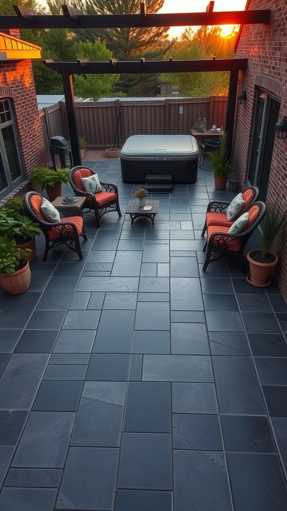 A patio featuring a dark gray stamped concrete design with rustic orange accents, showcasing a warm and inviting outdoor space.