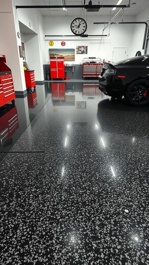 Modern garage with a black epoxy flake floor, showcasing anti-slip features and a stylish design.