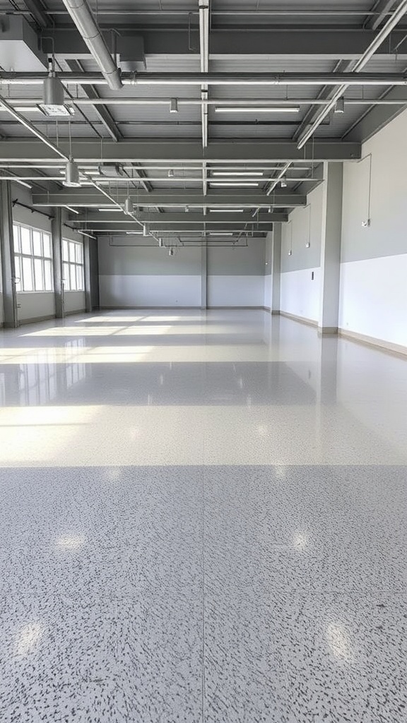 A stylish and modern hallway featuring glossy floors, reflecting light, with a bathroom visible in the background.