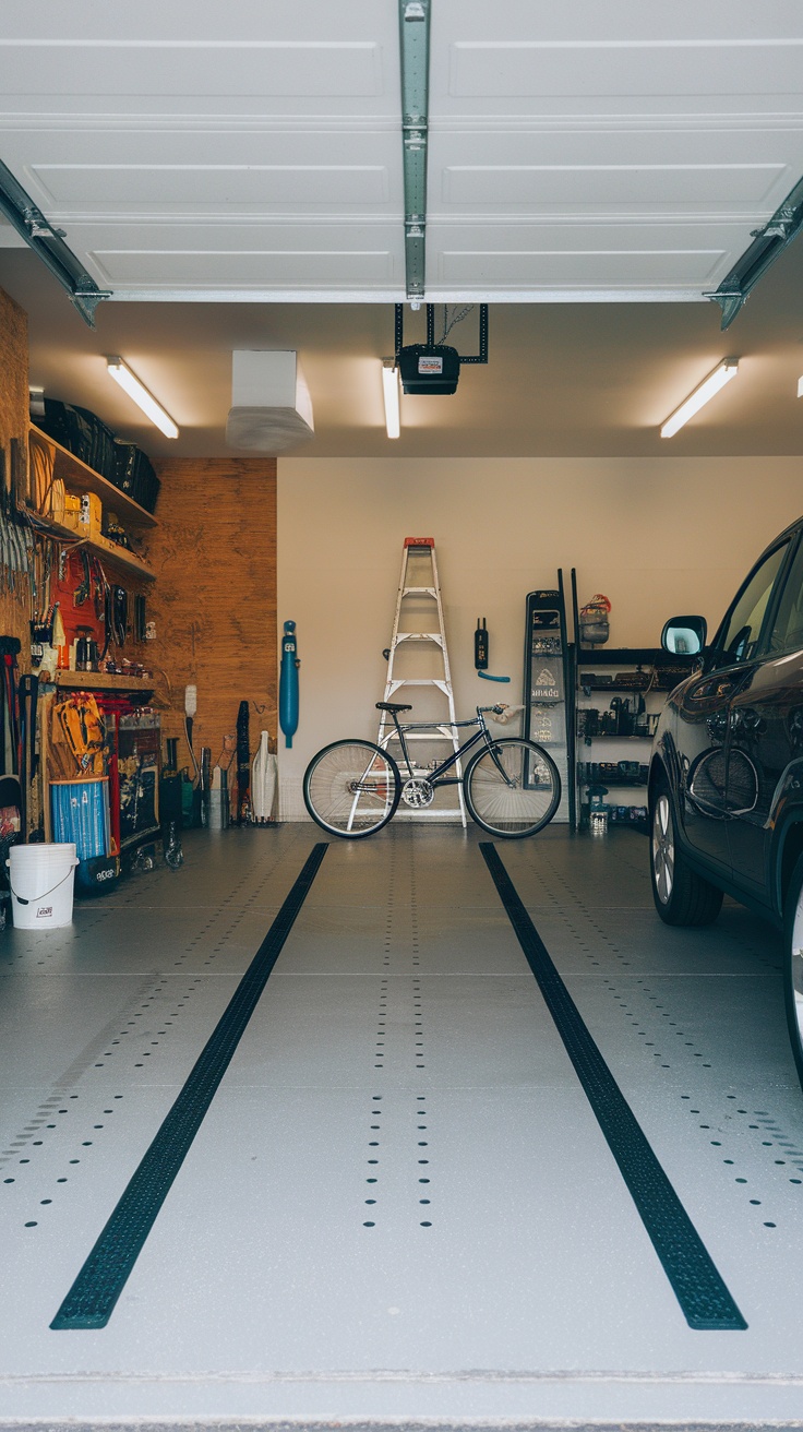 A tidy garage with a car parked, a bicycle, and well-organized tools on the wall.