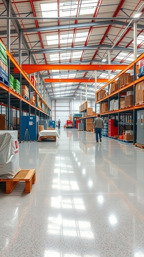 A spacious warehouse with bright epoxy floors, showcasing orange forklifts and safety markings.