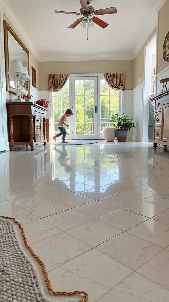 Children playing on a shiny epoxy floor in a well-lit room with modern decor.