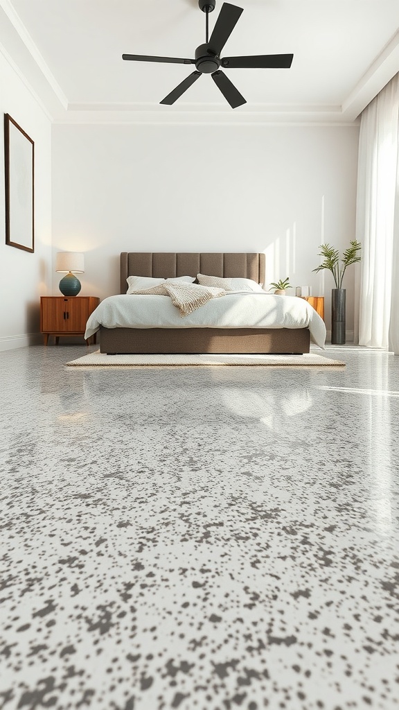 A bright and modern bedroom featuring epoxy flooring, showcasing a cozy bed and stylish decor.