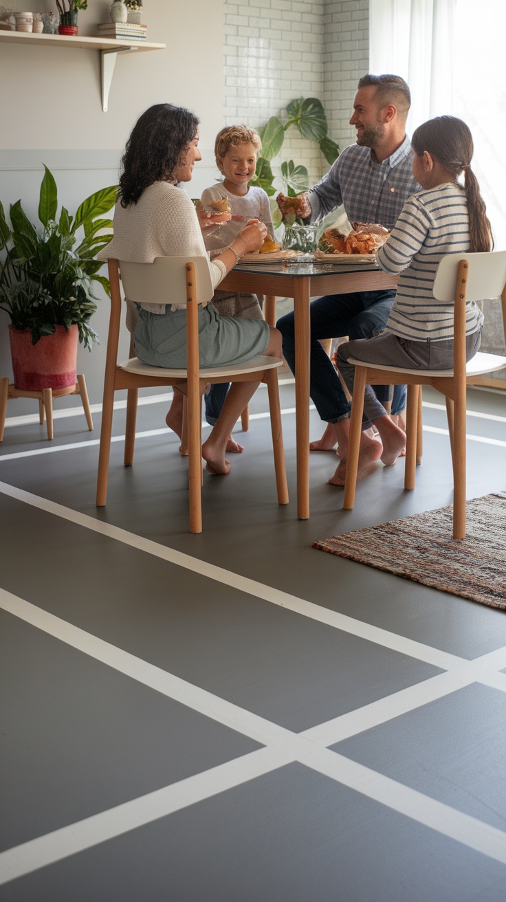 A family walking on a shiny epoxy floor in a bright hallway