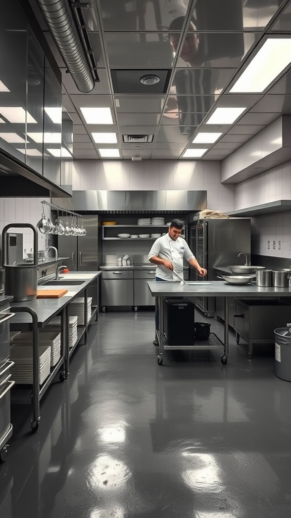 Shiny epoxy flooring in a commercial kitchen with a chef at work